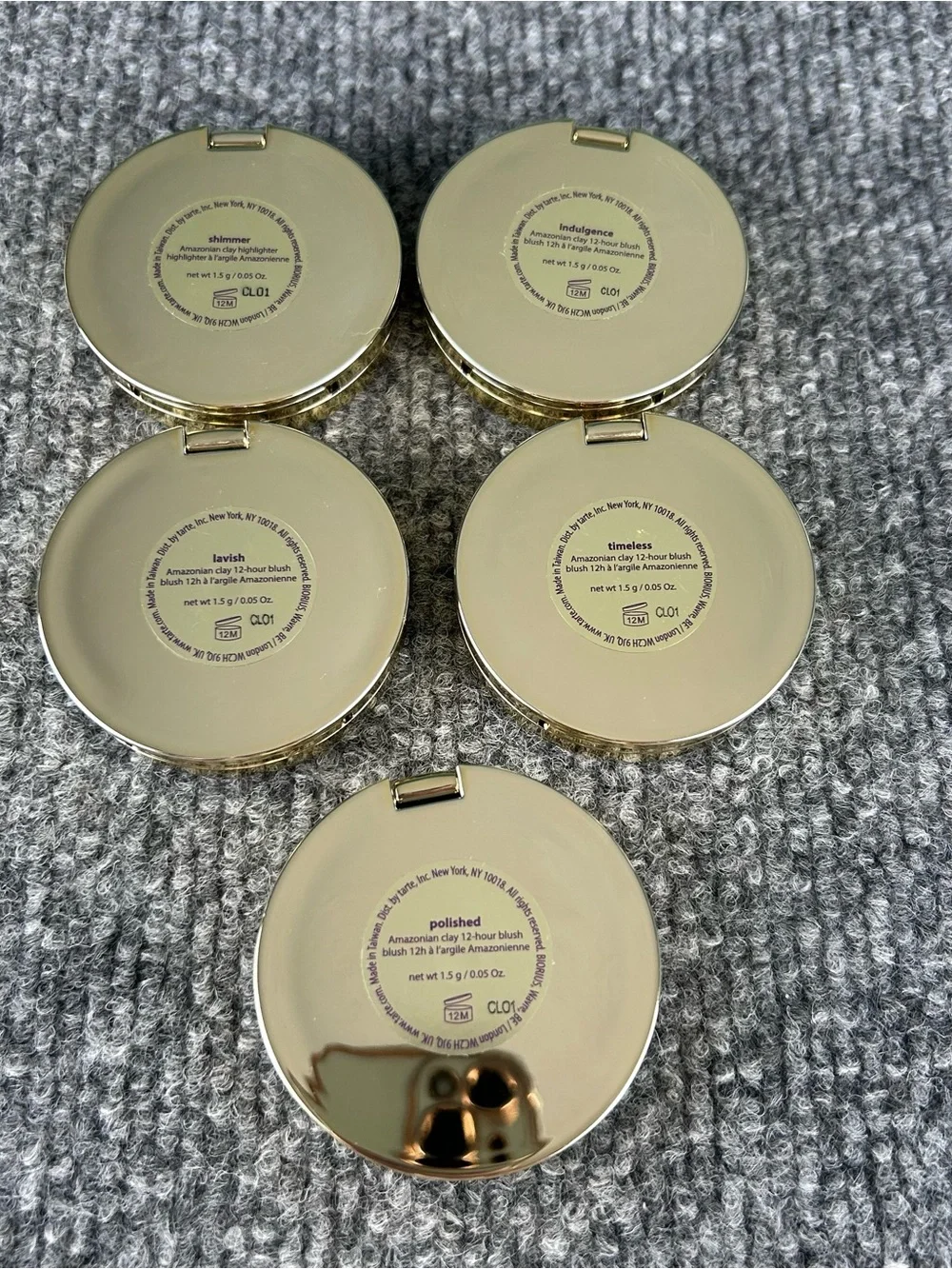 Tarte ~ Stay Golden Amazonian Clay Blush Set ~ 5 Gold Tone Decorative Compacts
